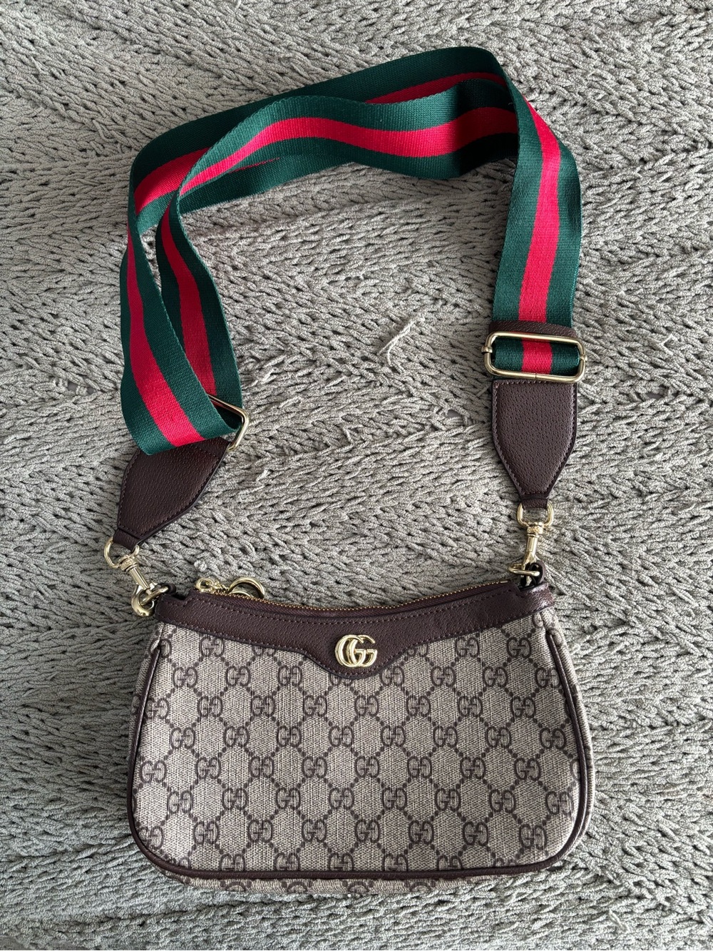 Gucci Brown Canvas Shoulder Bag with Green-Red Strap